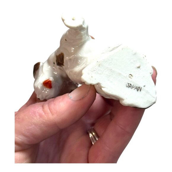 Vintage 1950s Japanese Ceramic Puppy Dog Figurine Brown Spots & Red Collar White - Picture 10 of 10